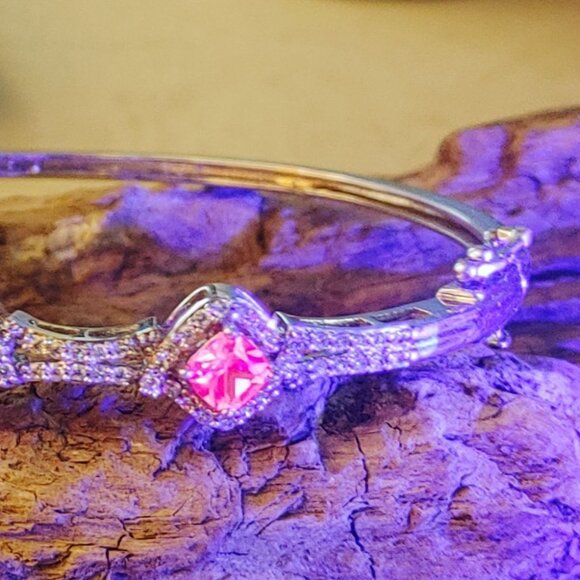 Pink Ruby Gemstone Bracelet Silver Plated Vintage Safety Hinged Prong Rhinestone - Picture 11 of 11